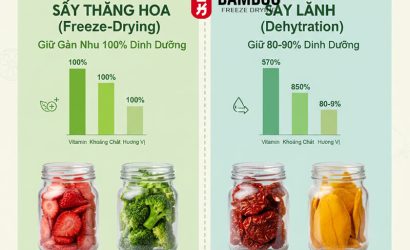 Trong thị trường thực phẩm sức khỏe tại Việt Nam, trái cây sấy không còn xa lạ. Tuy nhiên, sự khác biệt giữa Sấy thăng hoa (Freeze Drying) và Sấy lạnh (Heat Pump Drying) về mật độ dinh dưỡng là rất lớn. Việc hiểu rõ phương pháp nào giữ lại nhiều vitamin và khoáng chất hơn sẽ giúp bạn tối ưu hóa chế độ ăn Clean Eating và kiểm soát chỉ số đường huyết hiệu quả. 1. Mật Độ Dinh Dưỡng Là Gì Và Ý Nghĩa Trong Trái Cây Sấy? 1.1. Định Nghĩa Nutrient Density Mật độ dinh dưỡng (Nutrient Density) là tỷ lệ các vi chất thiết yếu (vitamin, khoáng chất, chất xơ) so với tổng trọng lượng hoặc năng lượng (calo) của thực phẩm. Trong trái cây sấy, khi nước bị loại bỏ, mật độ này trở nên cực kỳ cô đặc. 1.2. Ảnh hưởng của nguyên lý sấy đến dưỡng chất Sấy thăng hoa: Dựa trên sự thăng hoa của nước trong môi trường chân không, không làm biến đổi cấu trúc hóa học. Sấy lạnh: Dựa trên sự chênh lệch độ ẩm ở nhiệt độ thấp, nhưng vẫn sử dụng nhiệt nhẹ kéo dài, dễ làm oxy hóa một số vitamin nhạy cảm. 1.3. Vai trò trong chế độ ăn tại Việt Nam Với người Việt bận rộn, thực phẩm có mật độ dinh dưỡng cao giúp bù đắp lượng vi chất thiếu hụt từ các bữa ăn nhanh, hỗ trợ hệ miễn dịch và duy trì năng lượng bền bỉ. 2. Quy Trình Công Nghệ: Sấy Thăng Hoa Vs. Sấy Lạnh 2.1. Sấy Thăng Hoa: Đỉnh cao bảo tồn cấu trúc Quy trình gồm 3 giai đoạn: Đông lạnh nhanh (