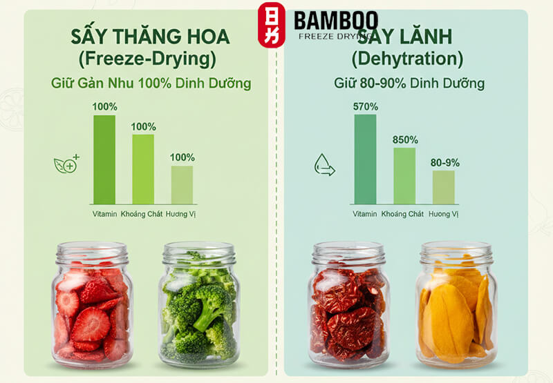 Trong thị trường thực phẩm sức khỏe tại Việt Nam, trái cây sấy không còn xa lạ. Tuy nhiên, sự khác biệt giữa Sấy thăng hoa (Freeze Drying) và Sấy lạnh (Heat Pump Drying) về mật độ dinh dưỡng là rất lớn. Việc hiểu rõ phương pháp nào giữ lại nhiều vitamin và khoáng chất hơn sẽ giúp bạn tối ưu hóa chế độ ăn Clean Eating và kiểm soát chỉ số đường huyết hiệu quả. 1. Mật Độ Dinh Dưỡng Là Gì Và Ý Nghĩa Trong Trái Cây Sấy? 1.1. Định Nghĩa Nutrient Density Mật độ dinh dưỡng (Nutrient Density) là tỷ lệ các vi chất thiết yếu (vitamin, khoáng chất, chất xơ) so với tổng trọng lượng hoặc năng lượng (calo) của thực phẩm. Trong trái cây sấy, khi nước bị loại bỏ, mật độ này trở nên cực kỳ cô đặc. 1.2. Ảnh hưởng của nguyên lý sấy đến dưỡng chất Sấy thăng hoa: Dựa trên sự thăng hoa của nước trong môi trường chân không, không làm biến đổi cấu trúc hóa học. Sấy lạnh: Dựa trên sự chênh lệch độ ẩm ở nhiệt độ thấp, nhưng vẫn sử dụng nhiệt nhẹ kéo dài, dễ làm oxy hóa một số vitamin nhạy cảm. 1.3. Vai trò trong chế độ ăn tại Việt Nam Với người Việt bận rộn, thực phẩm có mật độ dinh dưỡng cao giúp bù đắp lượng vi chất thiếu hụt từ các bữa ăn nhanh, hỗ trợ hệ miễn dịch và duy trì năng lượng bền bỉ. 2. Quy Trình Công Nghệ: Sấy Thăng Hoa Vs. Sấy Lạnh 2.1. Sấy Thăng Hoa: Đỉnh cao bảo tồn cấu trúc Quy trình gồm 3 giai đoạn: Đông lạnh nhanh (