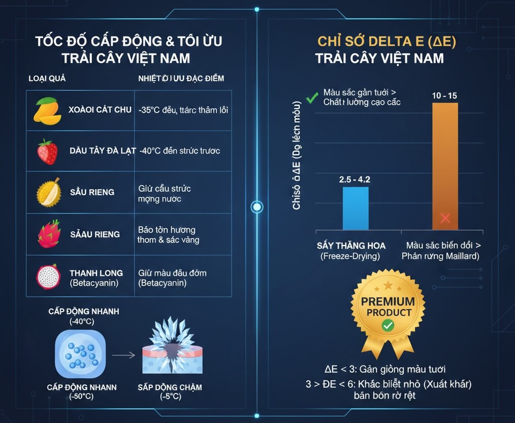 Tốc độ cấp đông tối ưu theo loại quả và Dữ liệu Delta E các loại trái cây Việt Nam
